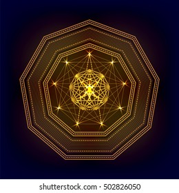 Sacred geometry vector  polygon golden symbol on dark background. Design for logo, game, cover, card.