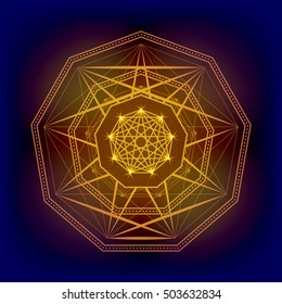 Sacred geometry vector  polygon golden symbol on dark background. Design for logo, game, cover, card.