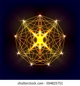 Sacred geometry vector  polygon golden symbol on dark background. Design for logo, game, cover, card.
