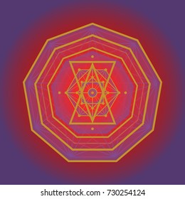 Sacred geometry vector polygon golden symbol on dark background. Design for logo, game, cover, card.