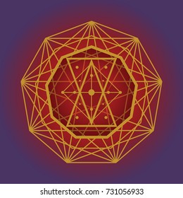 Sacred geometry vector polygon golden symbol on purple background. Design for logo, game, cover, card.