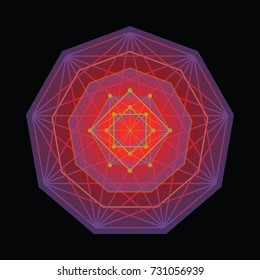 Sacred geometry vector polygon golden symbol on dark background. Design for logo, game, cover, card.