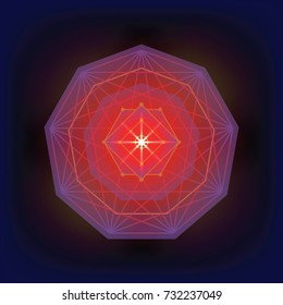 Sacred geometry vector polygon golden symbol on dark background. Design for logo, game, cover, card.