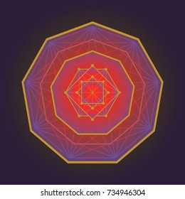 Sacred geometry vector polygon golden symbol on dark background. Design for logo, game, cover, card.