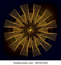 Sacred geometry vector round golden symbol with glowing stars on dark background. Design for logo, game, cover, card.