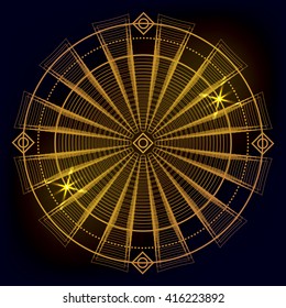 Sacred geometry vector round golden symbol with glowing stars on dark background. Design for logo, game, cover, card.