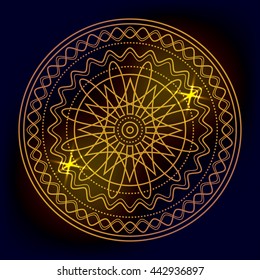 Sacred geometry vector round golden symbol with glowing stars on dark background. Design for logo, game, cover, card.