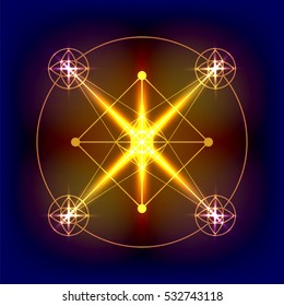 Sacred geometry vector round golden symbol with shiny stars on dark background.  Design for logo, game, cover, card.