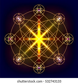 Sacred geometry vector round golden symbol with shiny stars on dark background.  Design for logo, game, cover, card.