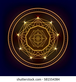 Sacred geometry vector round golden decorative element on a dark background.  Design for logo, game, cover, card.