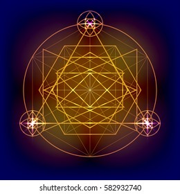 Sacred geometry vector round golden symbol  on a dark background. Abstract geometric elements.  Design for logo, game, cover, card.