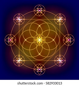 Sacred geometry vector round golden element  on a dark background. Flower of life symbol. Design for logo, game, cover, card.