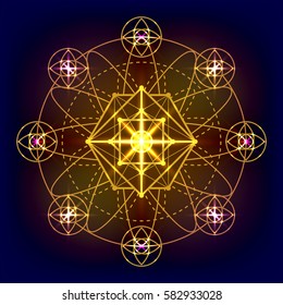 Sacred geometry vector round golden  symbol on a dark background. Abstract geometric elements. Design for logo, game, cover, card.