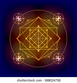Sacred geometry vector round golden decorative element on a dark background.  Design for logo, game, cover, card.