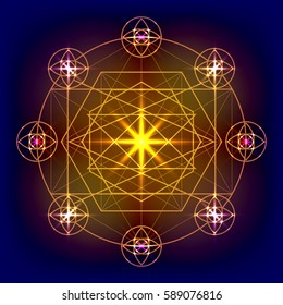 Sacred geometry vector round golden decorative element on a dark background.  Design for logo, game, cover, card.