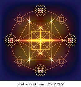Sacred geometry vector round golden symbol on a dark background. Abstract geometric polygonal elements. Design for logo, game, cover, card.