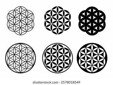 Sacred geometry vector set, flower of life symbols, black and white geometric patterns, spiritual mandala design, mystical esoteric art, symmetrical abstract shapes, vector icons.