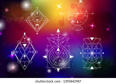 sacred geometry vector set of  illustrations on space background. Good for logo, design of yoga mat and clothes. Boho style.