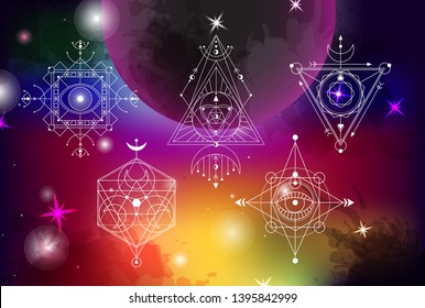 sacred geometry vector set of  illustrations on space background. Good for logo, design of yoga mat and clothes. Boho style.