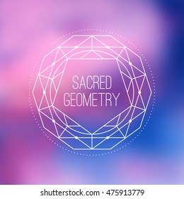 Sacred geometry vector sign on colorful blurred clouds background. Hipster and alchemy design element or Flower of life mystic symbol