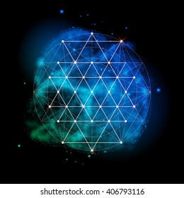 Sacred geometry. Vector symbol of alchemy, religion and spirituality. Metatrons Cube. Flower of life sign. Neon cosmos space glowing background.