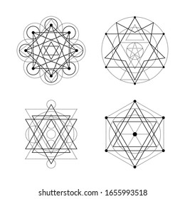 Sacred geometry vector symbols on white background. Black abstract mystic signs collection. Isolated spiritual combinations of circles and triangles.