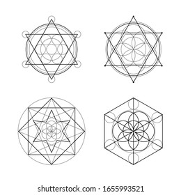 Símbolos vectoriales de geometría sagrada sobre fondo blanco. Colección de signos místicos abstractos negros. Combinaciones espirituales aisladas de círculos y triángulos.