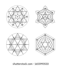 Símbolos vectoriales de geometría sagrada sobre fondo blanco. Colección de signos místicos abstractos negros. Combinaciones espirituales aisladas de círculos y triángulos.