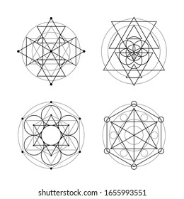 Símbolos vectoriales de geometría sagrada sobre fondo blanco. Colección de signos místicos abstractos negros. Combinaciones espirituales aisladas de círculos y triángulos.