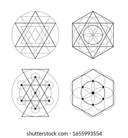 Símbolos vectoriales de geometría sagrada sobre fondo blanco. Colección de signos místicos abstractos negros. Combinaciones espirituales aisladas de círculos y triángulos.