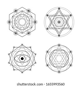 Sacred geometry vector symbols on white background. Black abstract mystic signs collection. Isolated spiritual combinations of circles and triangles.