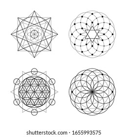 Sacred geometry vector symbols on white background. Black abstract mystic signs collection. Isolated spiritual combinations of circles and triangles.