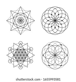 Sacred geometry vector symbols on white background. Black abstract mystic signs collection. Isolated spiritual combinations of circles and triangles.