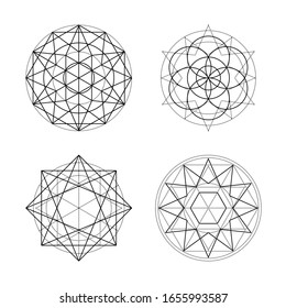 Símbolos vectoriales de geometría sagrada sobre fondo blanco. Colección de signos místicos abstractos negros. Combinaciones espirituales aisladas de círculos y triángulos.