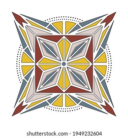 Geometría sagrada. Mandala geométrica de color amarillo vectorial, azul y rojo. Formas geométricas. Ilustración de estilo vintage