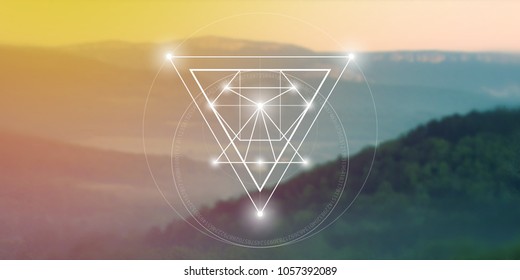 Sacred geometry web banner. Math, nature, and spirituality in nature.  Interlocking circles and triangles hipster illustration with golden ratio digits in front of photographic background.