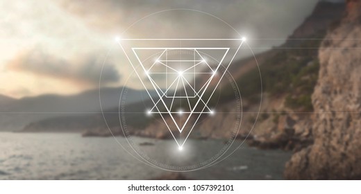 Sacred geometry web banner. Math, nature, and spirituality in nature.  Interlocking circles and triangles hipster illustration with golden ratio digits in front of photographic background.