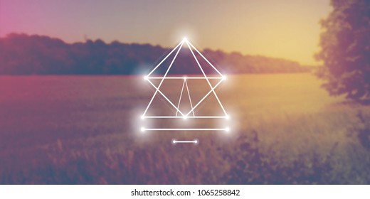 Sacred geometry web banner. Math, nature, and spirituality in nature. Interlocking circles and triangles hipster illustration with golden ratio digits in front of photographic background.