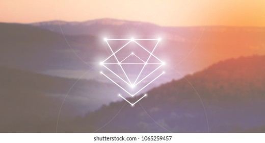 Sacred geometry web banner. Math, nature, and spirituality in nature. Interlocking circles and triangles hipster illustration with golden ratio digits in front of photographic background.