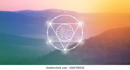 Sacred geometry web banner. Math, nature, and spirituality in nature. Interlocking circles and triangles hipster illustration with golden ratio digits in front of photographic background.