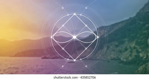 Sacred geometry web banner. Math, nature, and spirituality in nature. The formula of nature. There is no beginning and no end of the Universe, and no beginning and no end of the Life and the Bliss.