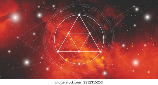 Sacred geometry website banner with golden ratio numbers, interlocking circles, triangles and squares, flows of energy and particles in front of outer space background. The formula of nature.