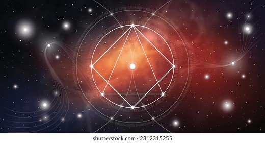 Sacred geometry website banner with golden ratio numbers, interlocking circles, triangles and squares, flows of energy and particles in front of outer space background. The formula of nature.