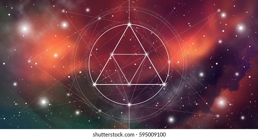 Sacred Geometry Website Banner With Golden Ratio Numbers, Interlocking Circles And Triangles, Flows Of Energy And Particles In Front Of Outer Space Background. The Formula Of Nature.