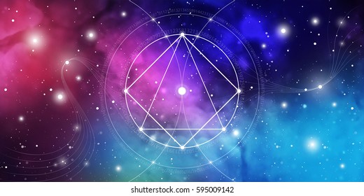 Sacred geometry website banner with golden ratio numbers, interlocking circles, triangles and squares, flows of energy and particles in front of outer space background. The formula of nature.