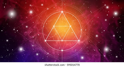 Sacred geometry website banner with golden ratio numbers, interlocking  circles and triangles, flows of energy and particles in front of outer space background. The formula of nature.