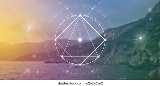 Sacred geometry website banner with golden ratio numbers, interlocking geometry shapes, flows of energy and particles in front of landscape background. The formula of nature.
