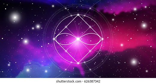 Sacred geometry website banner with golden ratio numbers, interlocking geometry shapes, flows of energy and particles in front of outer space background. The formula of nature.