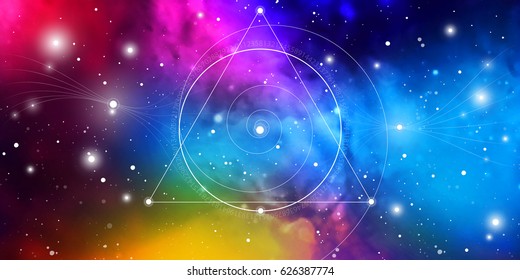 Sacred geometry website banner with golden ratio numbers, interlocking geometry shapes, flows of energy and particles in front of outer space background. The formula of nature.