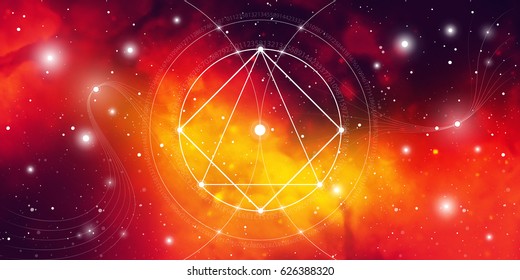 Sacred geometry website banner with golden ratio numbers, interlocking geometry shapes, flows of energy and particles in front of outer space background. The formula of nature.